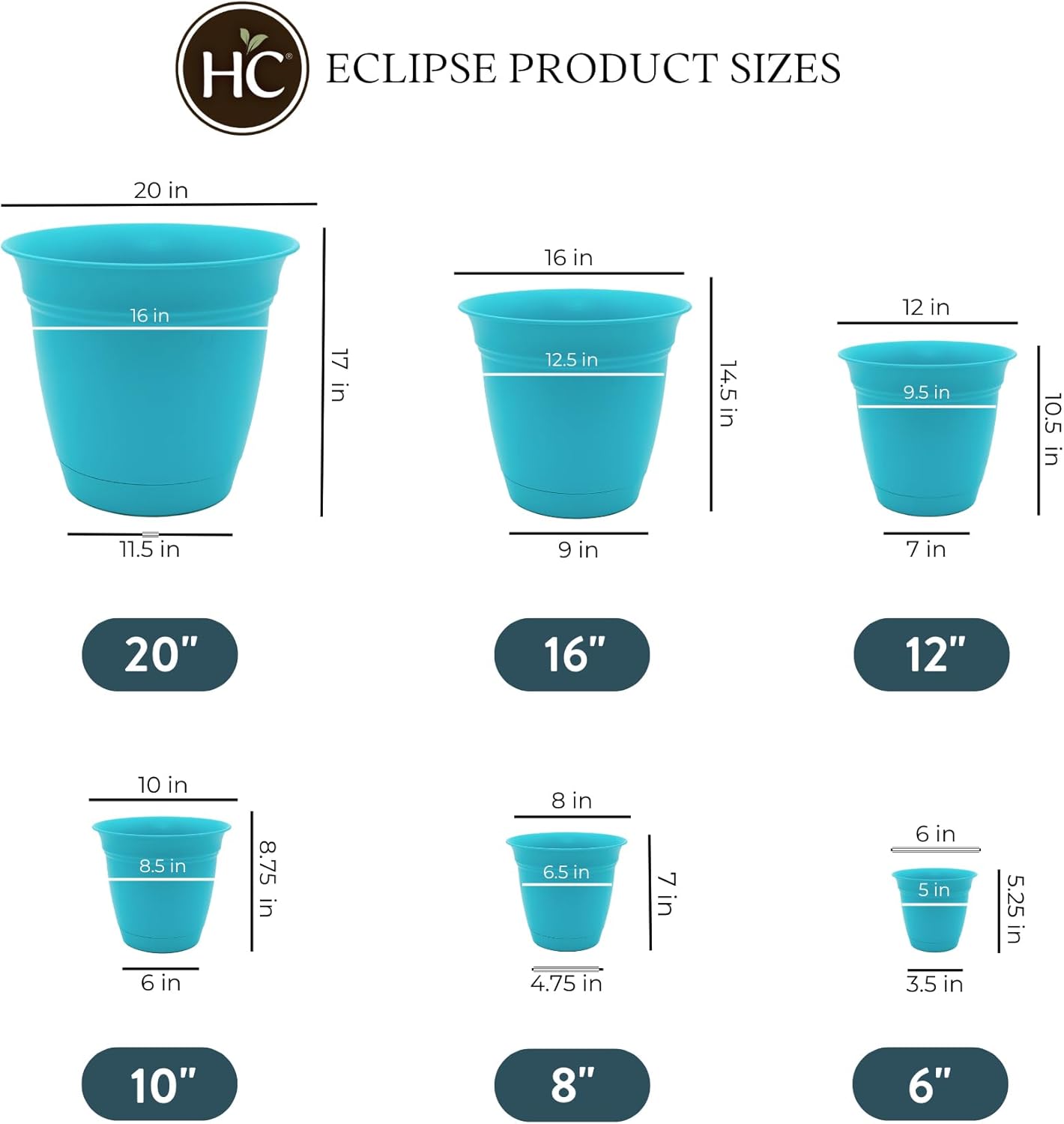 The HC Companies Eclipse Round Planter with Saucer - Outdoor & Indoor Plant Pot with Drainage Holes - Lightweight, UV-Resistant Plastic Pots for Plants, Flowers & Herbs (8" Teal, Pack of 6)