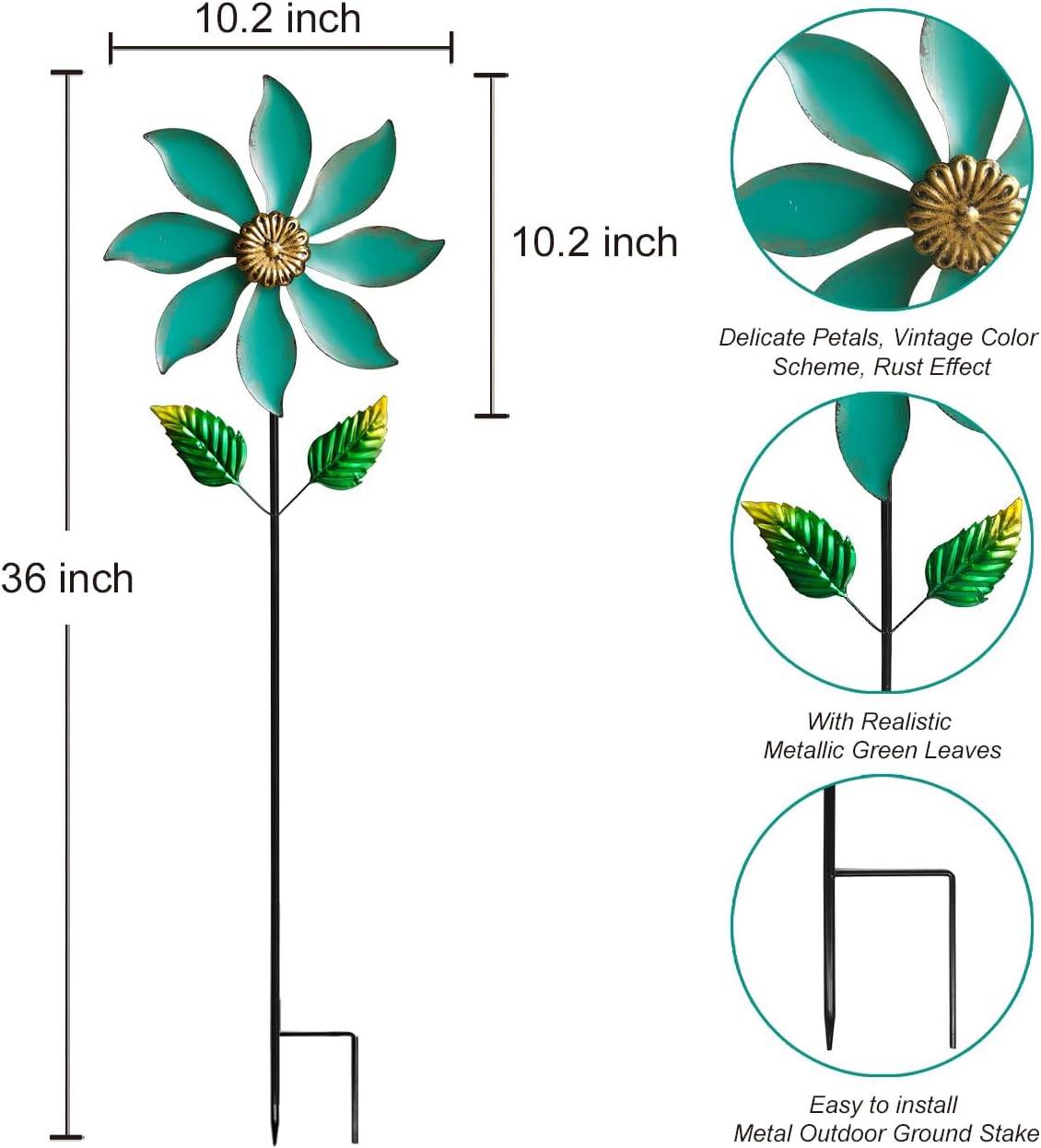 Metal Wind Spinners for Outdoor Decor - 35inch Tall Kinetic Wind Sculptures with 10inch Diameter, Durable Yard Art for Garden, Patio, Lawn - Weather-Resistant Garden Pinwheels in Vibrant Cyan