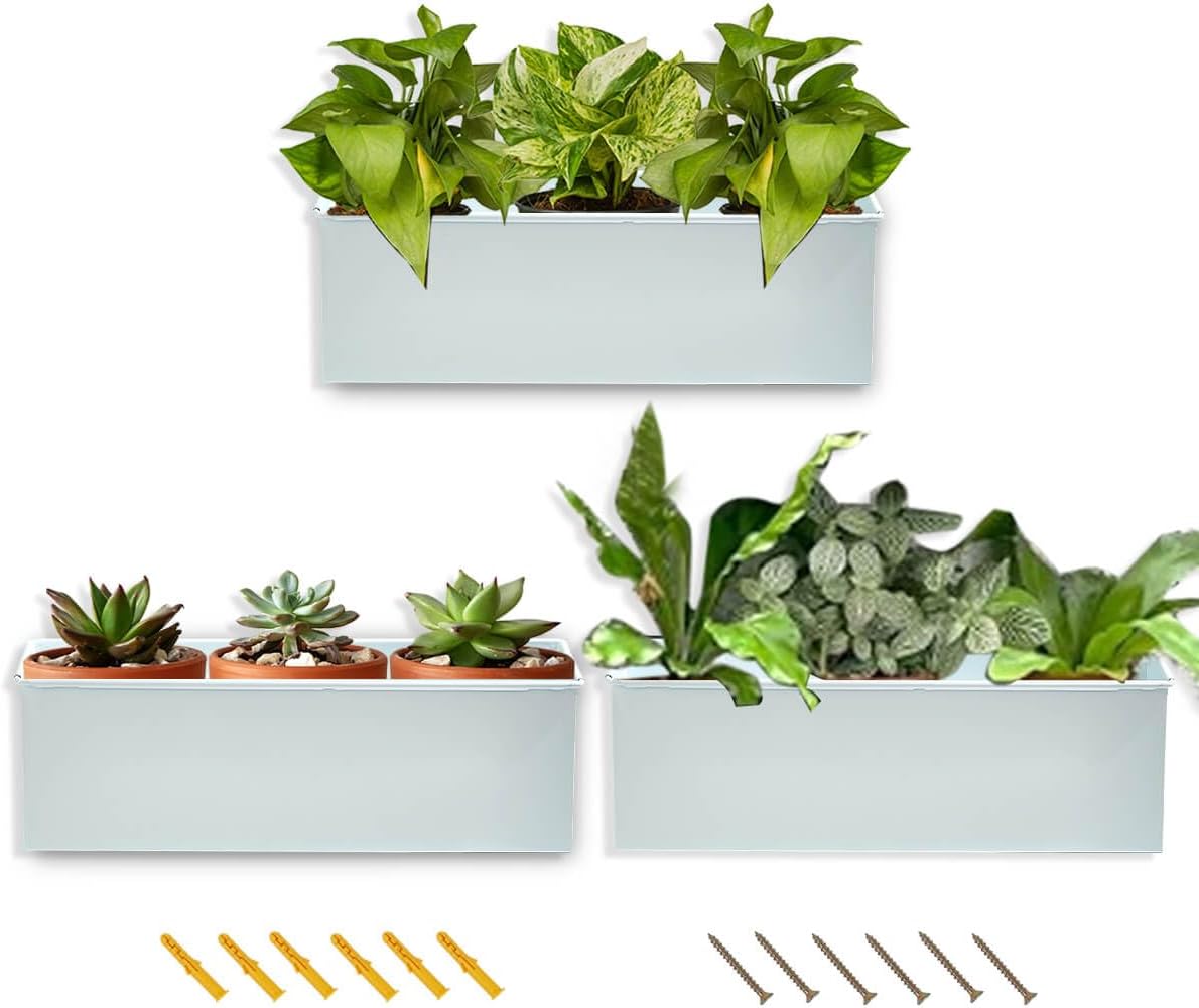 vensovo Metal Wall Hanging Planter Boxes – 12" Rectangle Flower Pots, 3 Pack with Drainage, Durable Galvanized Finish for Indoor Outdoor Balcony Fence Windowsill, White