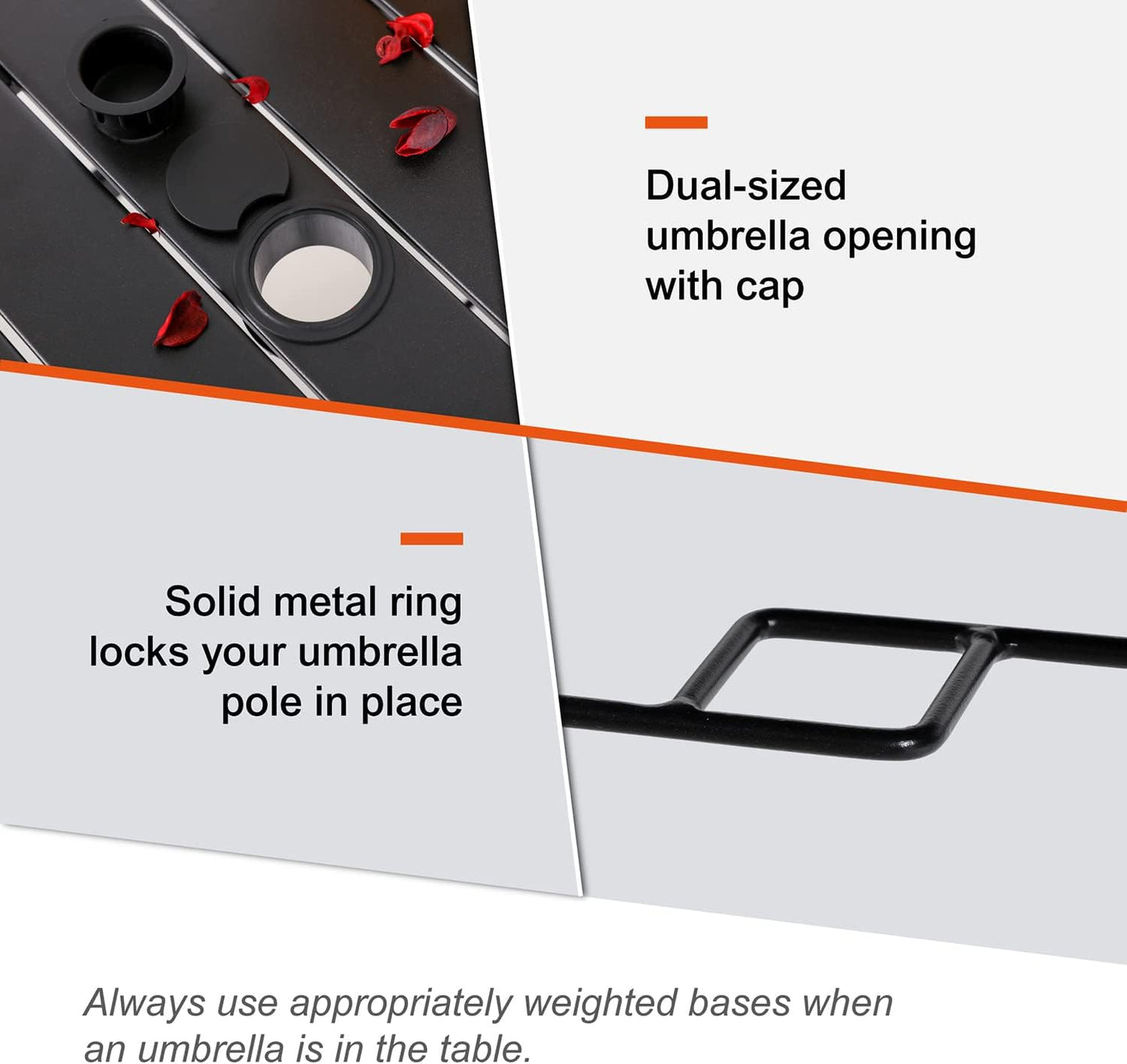 Round Outdoor Dining Table, 48-inch All-Weather Patio Table with Adjustable Umbrella Hole for Deck Lawn Garden Backyard Balcony Deck, Black Metal Frame Slatted Tabletop