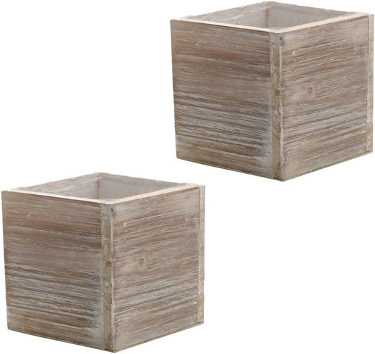 Wood Planter Box, Rustic Whitewash, 6 Inch, Wedding Decor and Floral Arrangements, Country House Charm, Plastic Liners, Wooden Square, Natural Style, (Beige) (Set of 2)
