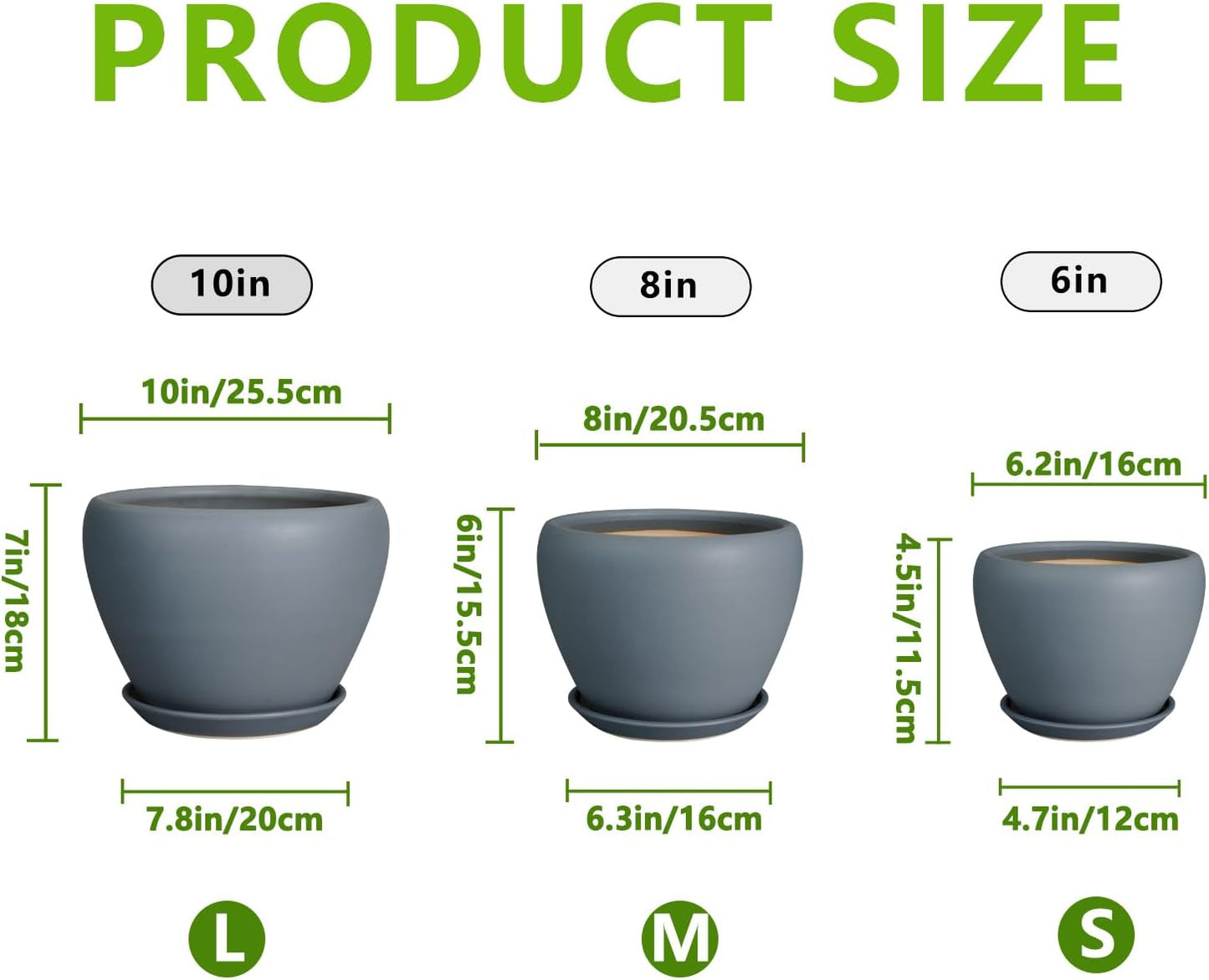 Ceramic Plant Pots - Large Planters for Indoor Plants 10 Inch 8 Inch 6 Inch Plant Pots with Drainage Holes and Saucer Fluted Round Flower Pots Outdoor Set of 3 Gray