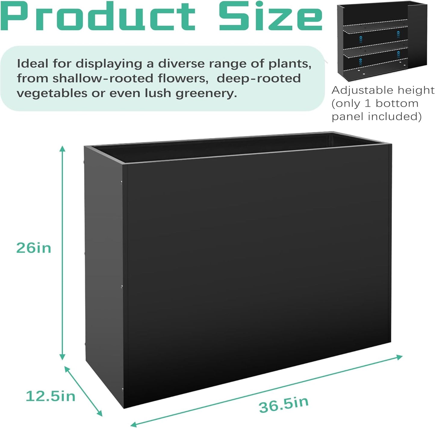 Metal Rectangular Planter Box, Large Planter Boxes Outdoor, 37''L x 13''W x 26''H Heavy Duty Plant Box with Removable Insert Shelf, 3 Tier Adjustable Height Tall Garden Planter for Plants, Flowers