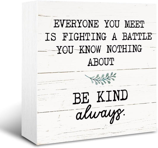 Inspirational Wood Block Signs, Positive Wood Decor, Shelf Table Decor, Desktop Decoration for Home Room Bedroom Office, Rustic Decorative Box Signs, Be Kind Always Sign, White