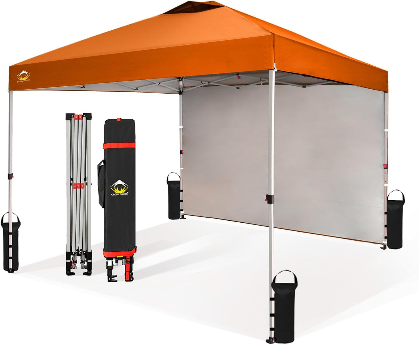CROWN SHADES 10x10 Pop Up Canopy with 1 Side Wall - Beach Tent with One Push Setup - Outdoor Sun Shade for Events, Parties, Camping - Gazebo with STO-N-Go Cover Bag (Orange)
