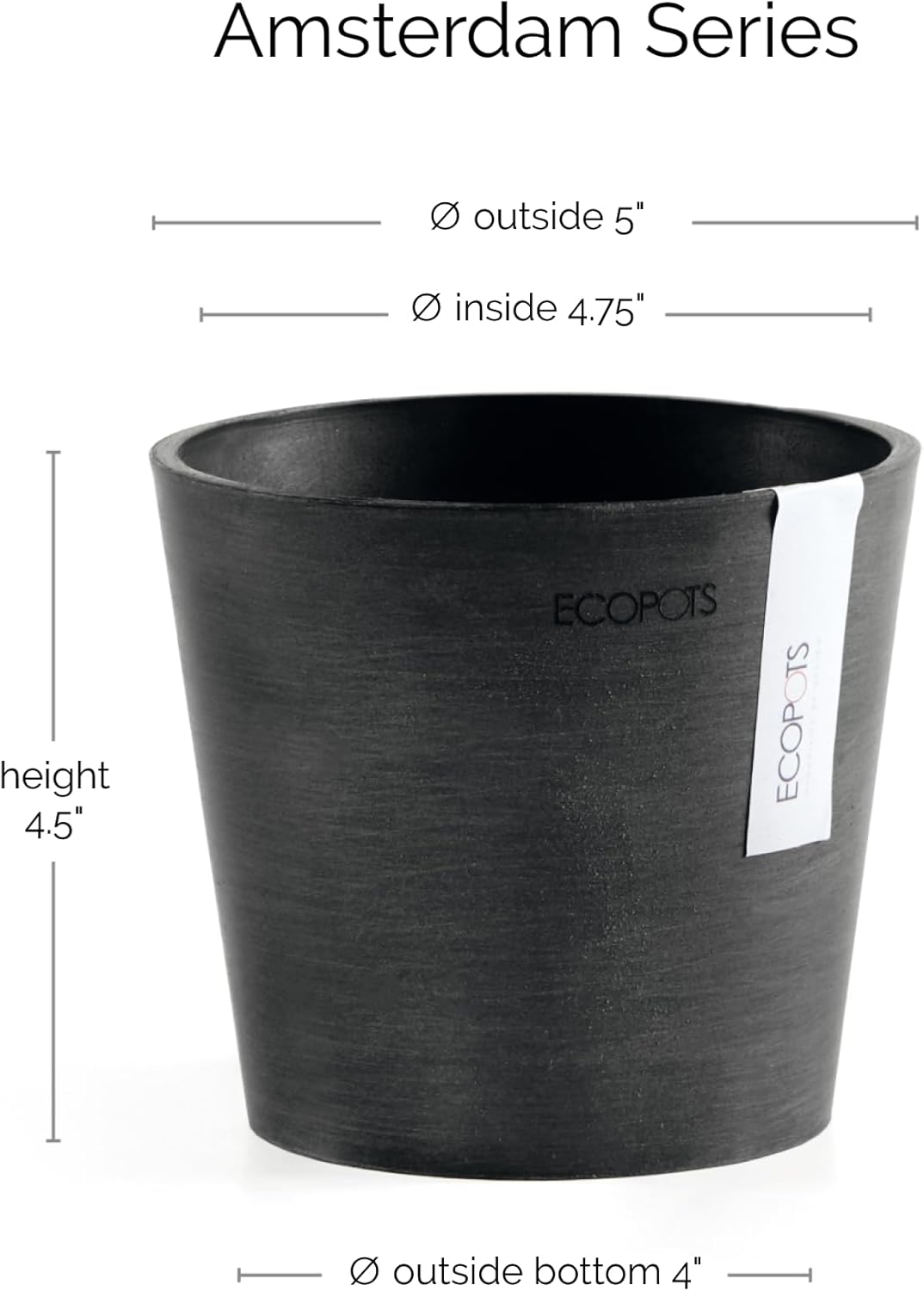 Ecopots Amsterdam Mini Durable Modern Round Recycled-Based Composite Flower Pot Planter, Dark Grey, 5"