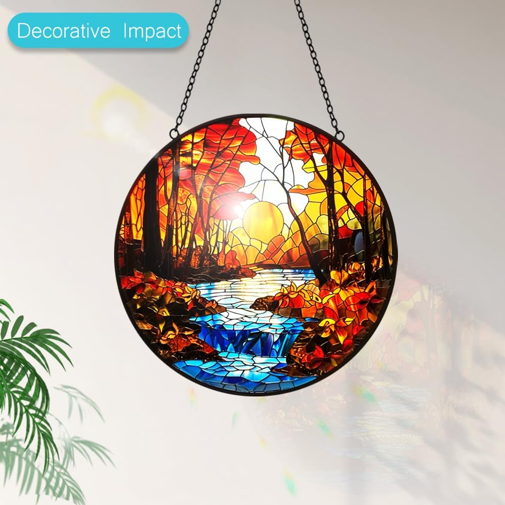Fall Decor Sunset Suncatcher Stained Glass Window Hanging - Handmade Sun Catchers Indoor Window Decor with Tree and River - Stain Glass Christmas Decorations Panels - Birthday Gift for Women Men Mom