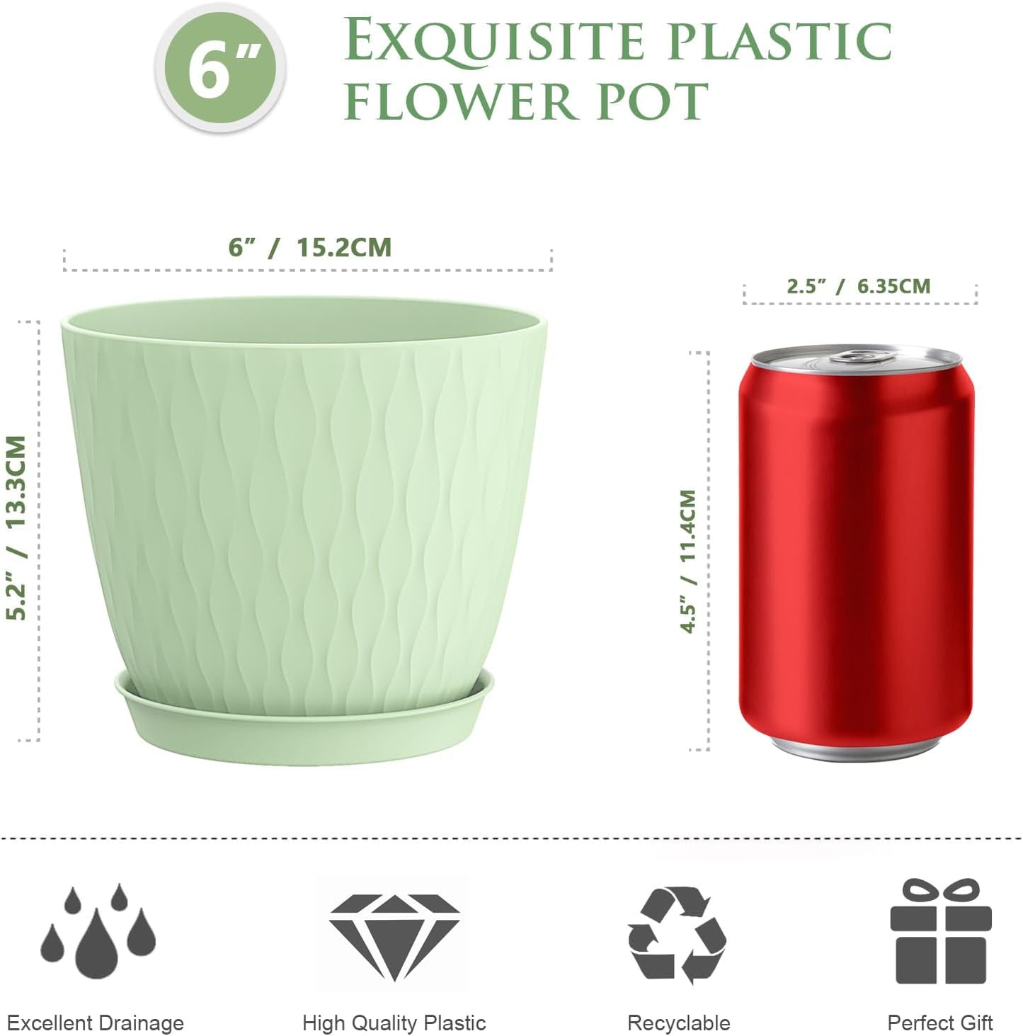 6 inch Plant Pots, 5 Pack Flower Pots with Drainage Holes and Saucers for Indoor Plants, Plastic Planters with Water Ripple for Small Garden House Plants, Nursery Pots for Succulent, Green