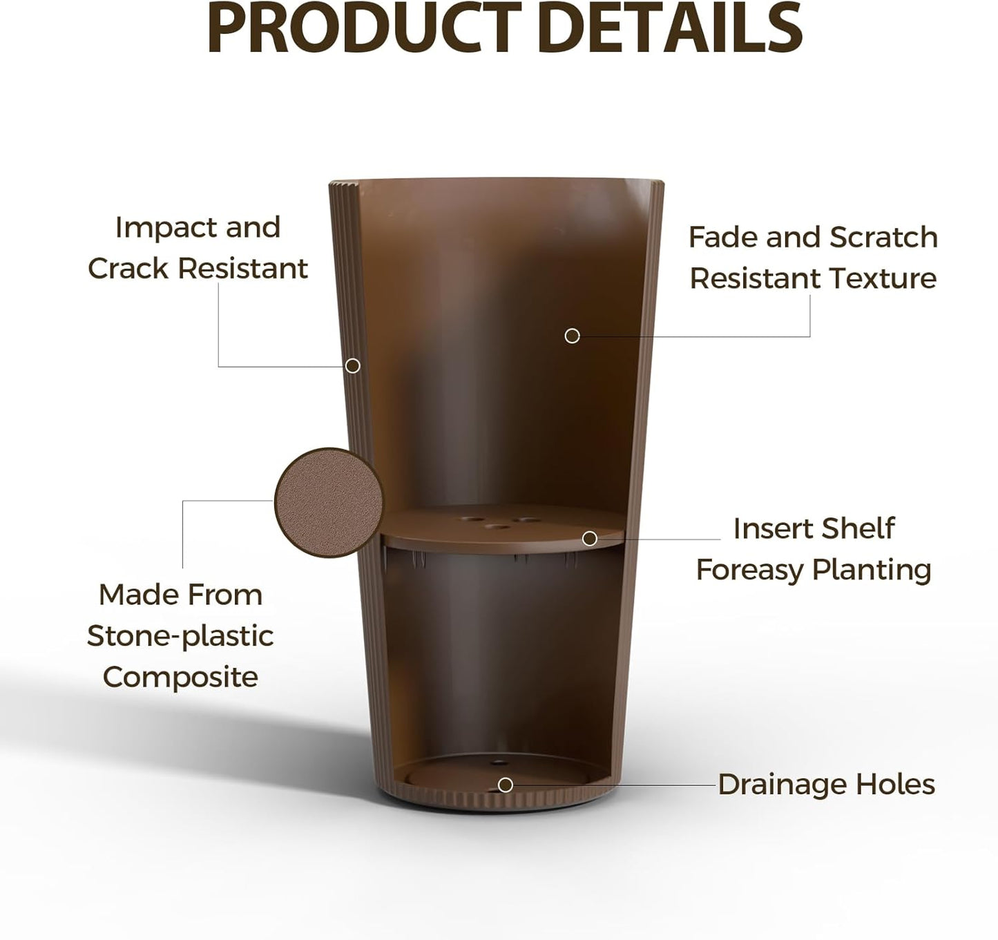 23.6" Tall Outdoor Planters, Set of 2 Large Plastic Flower Pots for Indoor & Outdoor Use, Modern Striped Decorative Garden Planters with Drainage Holes for Patio, Porch, Balcony, Brown