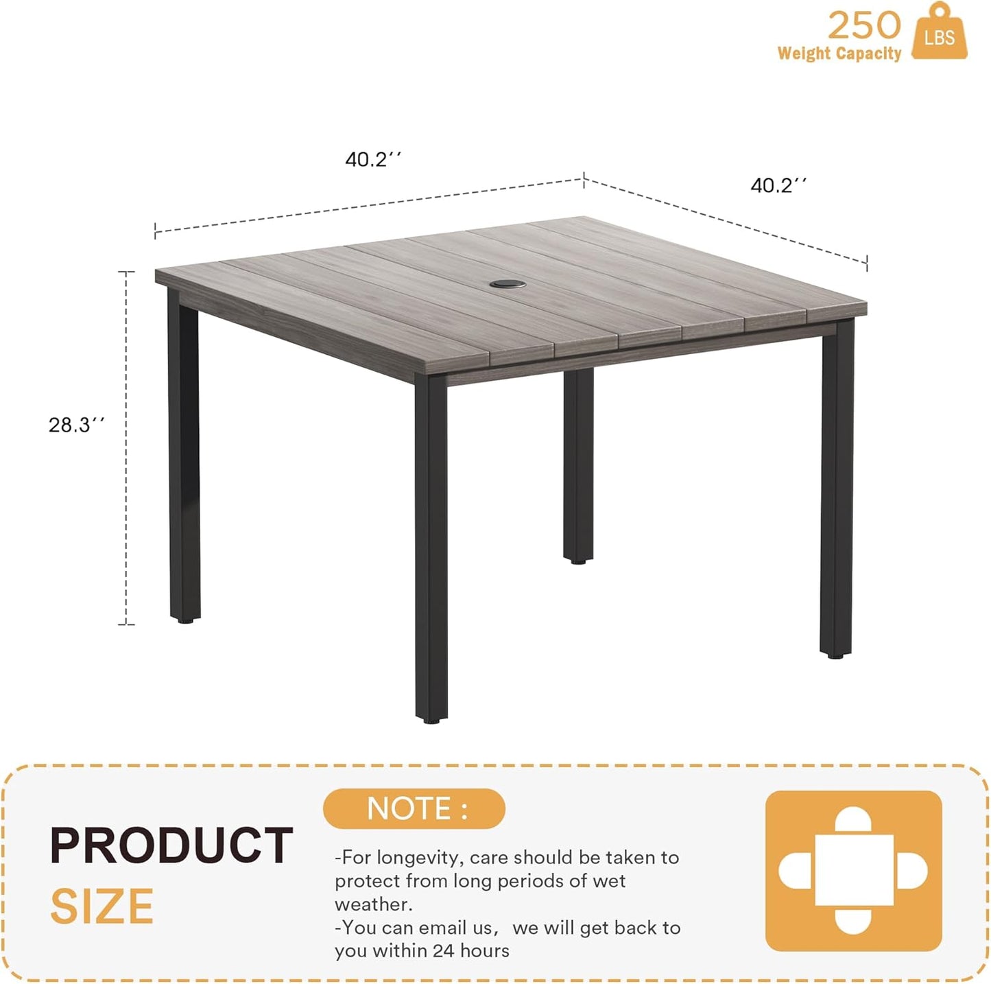 VICLLAX 40.2" Square Patio Dining Table for 4, Outdoor Table with Umbrella Hole, All Weather Metal Patio Table, Grey Wood Grain Tabletop