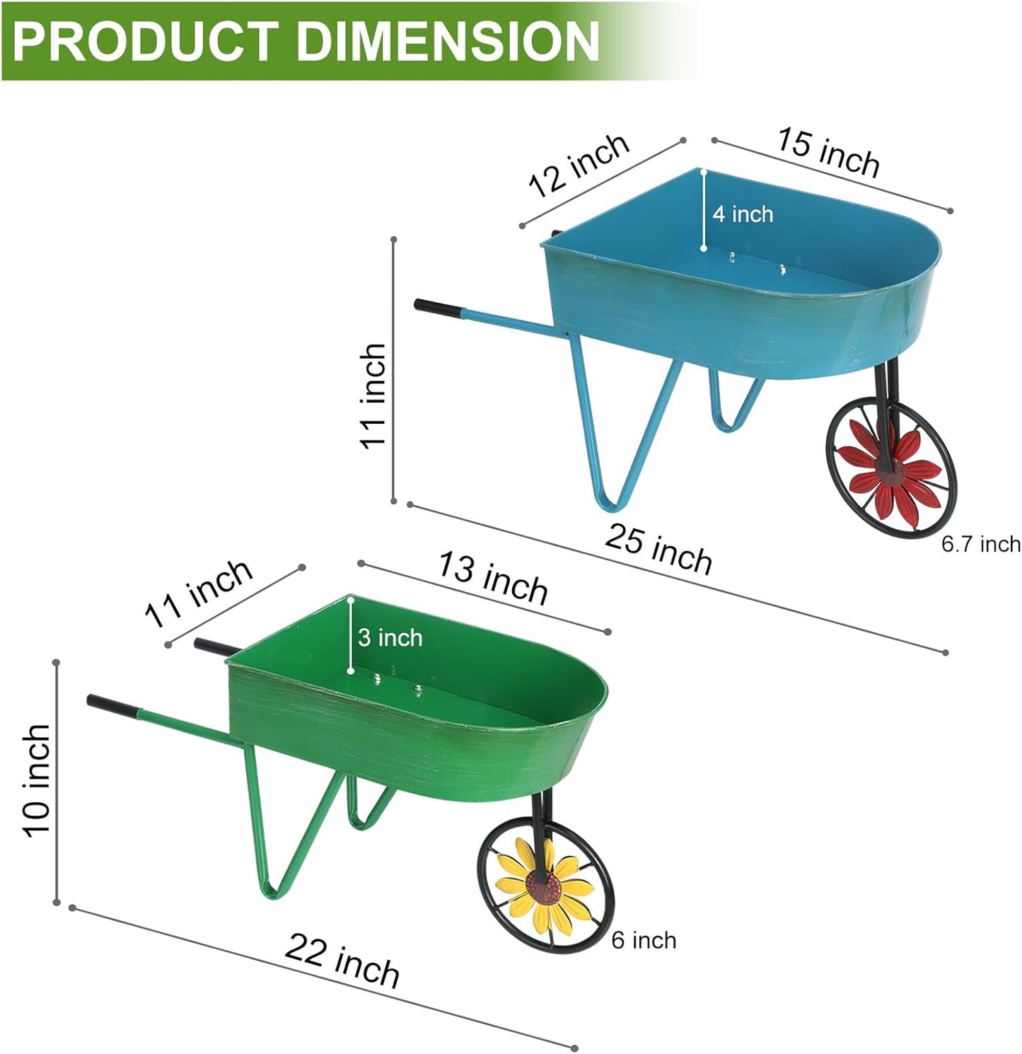 BAYN Metal Wheelbarrow Flower Cart Planter, 2 Packs Plant Stands with Triangular Support Handles Non-Rolling Wheel Vintage Wagon Planter Pots for Home Patio Garden Backyard Rustic Outdoor Decor
