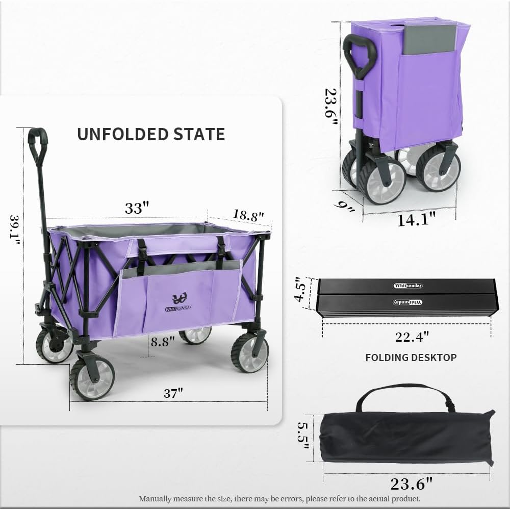 Whitsunday Folding Collapsible Utility Wagon, 400Lbs Heavy Duty Outdoor Park Beach Wagon with Table and Side Pocket for Garden Camping Sports Shopping Purple