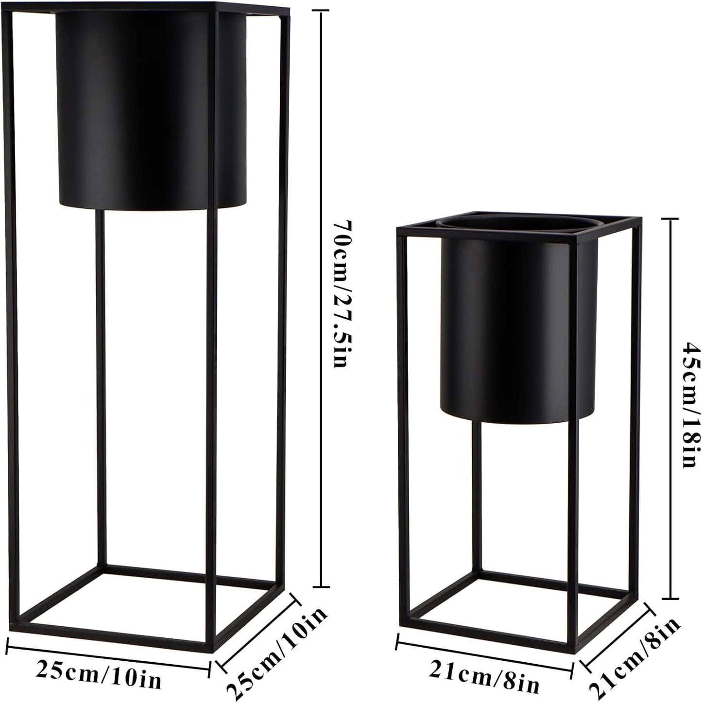 TRIROCKS Set of 2 Planters with Stand Large Metal Planter for Indoor Plants 28 &18" H Plant Pots for Living Room Corner Kitchen Office Garden Balcony Patio Decor(Black)
