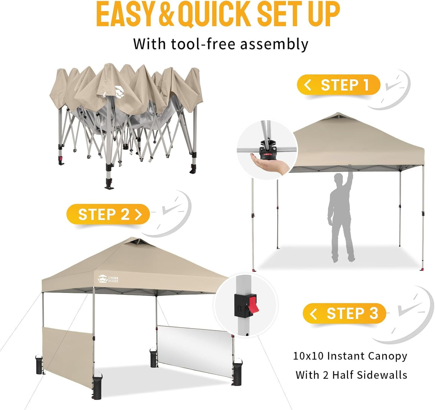 CROWN SHADES 10x10 Pop up Canopy Tent Instant Canopy with 150D Silver Coated Fabric Including 2 Half Sidewalls, 4 Ropes, 8 Stakes, 4 Weight Bags, STO 'N Go Bag, Beige