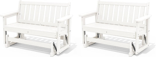 SERWALL Outdoor Glider Bench Set of 2, HDPE Weather-Resistant Swinging Bench for Backyard Garden Porch, White