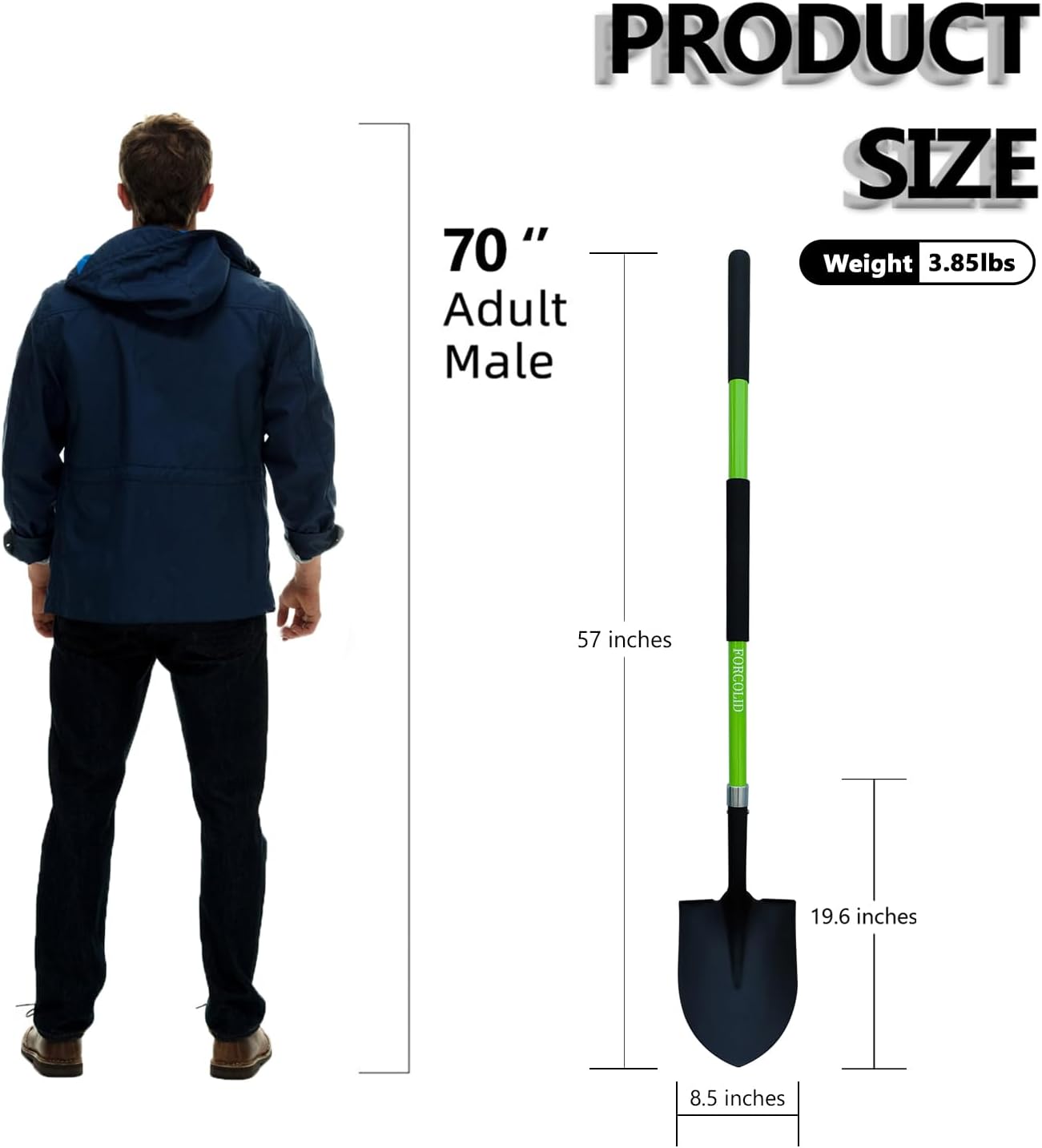 Shovel for Digging, Heavy Duty Gardening Shovel 57 Inch Straight Handle Round Blade with Non-Slip Tail Cover, Lawn and Yard Tools, Fiberglass Handle(Green)