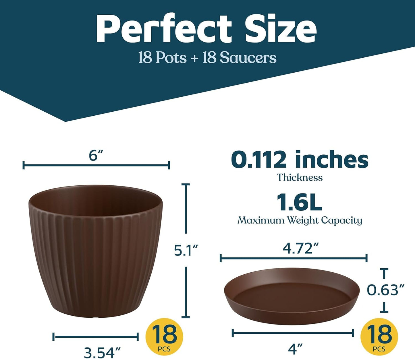 Brown 6-Inch Plant Pots with Drainage & Saucers 18 Pack, Indoor & Outdoor Planters for Houseplants, Herbs, and Flowers, Durable & Weatherproof Material, Stackable, Lightweight, Minimalist Design