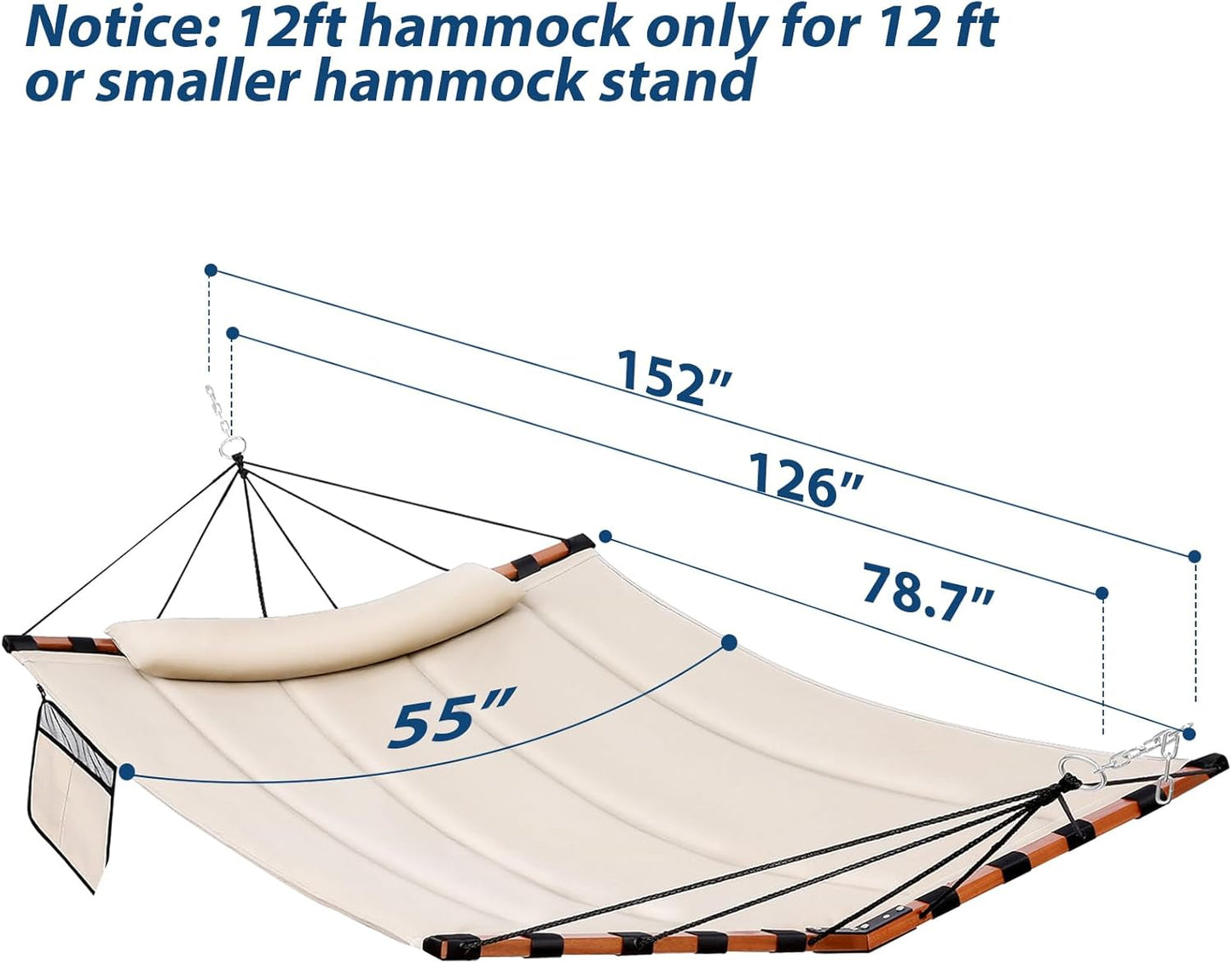 TegerDeger 12FT 2 Person Hammock Large Hammock 450LB Capacity with V Shaped Hardwood Spreader Bar & Nylon Rope for Outside, Patio, Garden, Backyard, Beach, Poolside - Beige