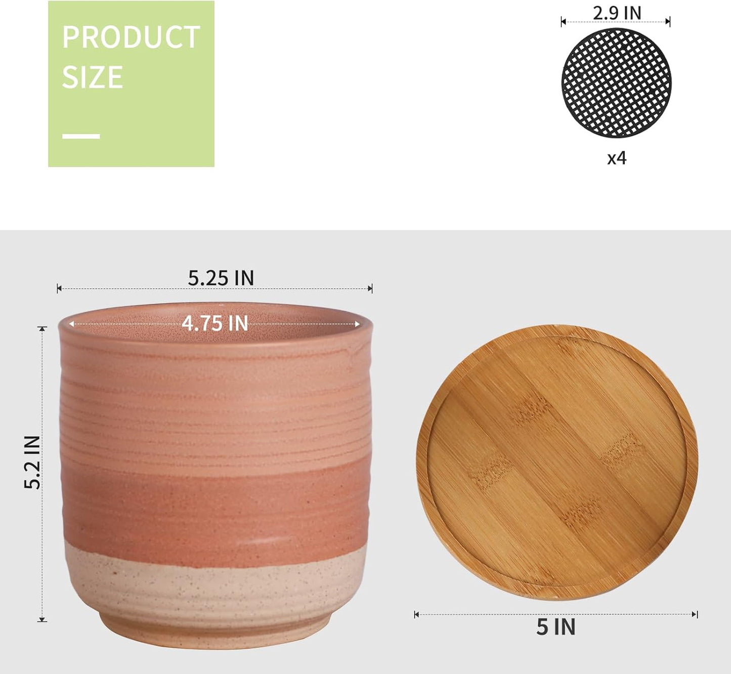 5.25 Inch Ceramic Planter Pot for Indoor Plants with Drainage Holes, Coarse Glazed Gradient Color Flower Planter Pots with Bamboo Saucer, for Succulent, Snake Plants, Cactus & Herbs, Set of 4