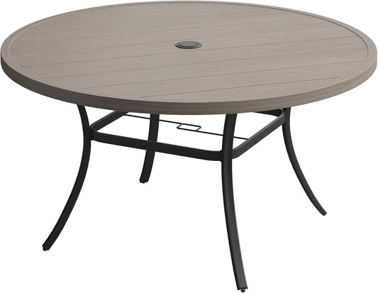 DIFY 50" Round Outdoor Patio Dining Table for 6, Metal Patio Table with 1.57" Adjustable Umbrella Hole, All-Weather Dining Furniture Table for Backyard Lawn Garden, Grey Wood-Like