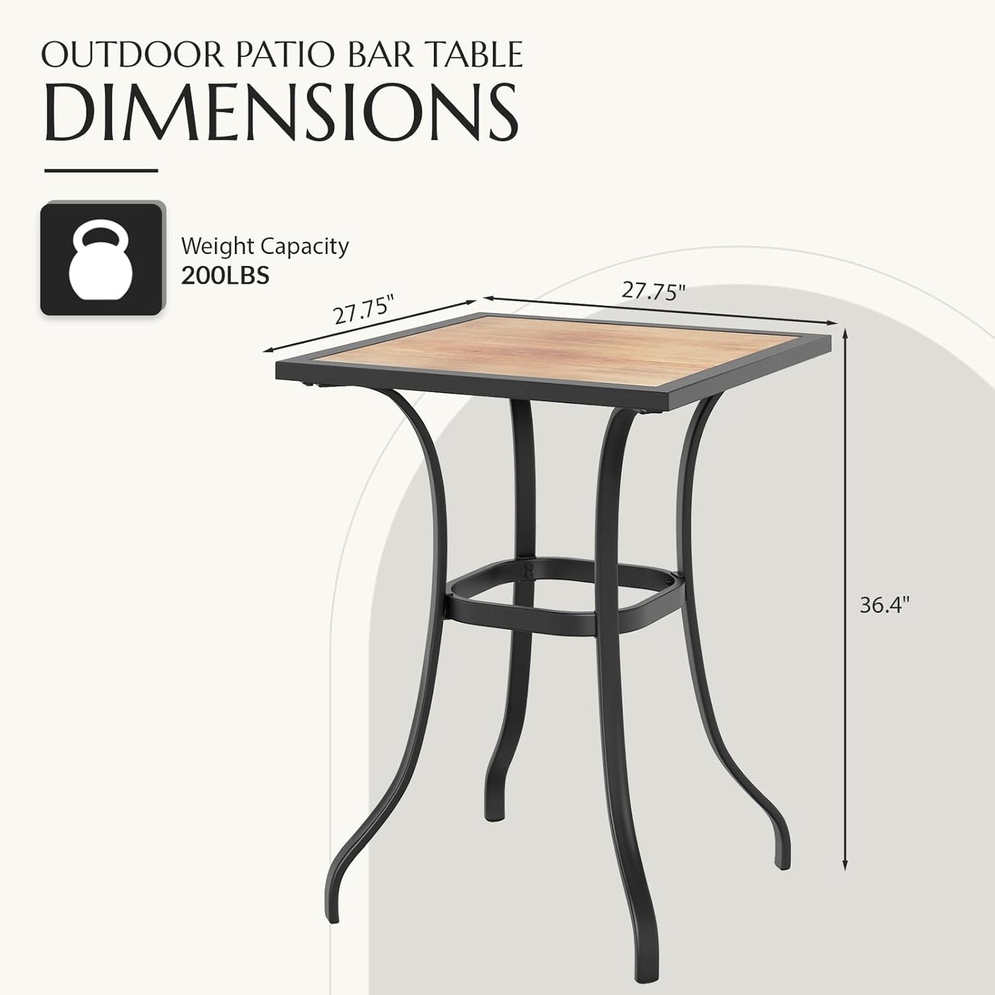 AECOJOY Outdoor Height Bar Table, 36'' Metal Frame Bar Table Bistro Square Table with Wooden Top, High Top Outdoor Pub for Patio Garden Lawn Poolside, Brown