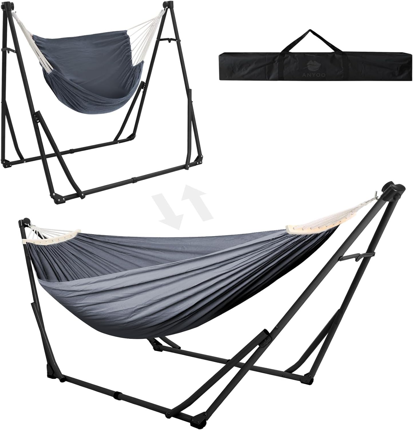 Anyoo 2 in 1 Hammock and Swinging Chair with Collapsible Steel Stand & Carrying Case,Portable & Adjustable,Easy Set Up for Outdoor,Indoor,Porch Swing,Patio,Garden,Camping Trip
