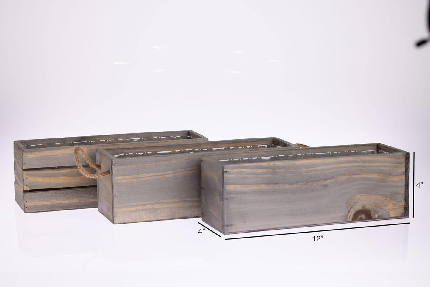 Wood Planter Box with Wine Crate Styled, 12x4 Inch Rectangular, Rustic Barn Wood, Plastic Liner, Wedding Flowers Holder, Home and Venue (12x4 Wine Crate Set of 4, Natural)