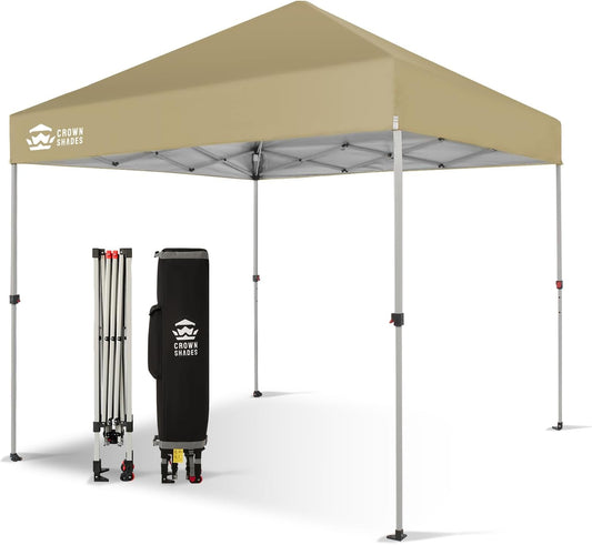 CROWN SHADES 8x8 Pop Up Canopy - Beach Tent with One Push Setup - Easy Outdoor Sun Shade for Events, Parties, Camping - Gazebo with STO-N-Go Cover Bag, Silver Coated Top, Beige