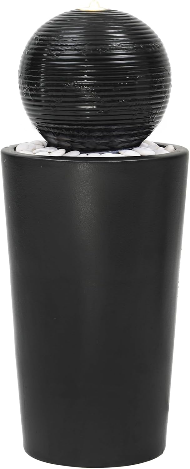 Autodaya 30" H Ceramic Sphere Water Fountain with LED Light, Modern Minimalist Design, Black Glaze with White Pebbles, Soothing Trickling Water Feature, Adding Artistic Charm & Tranquil Ambiance