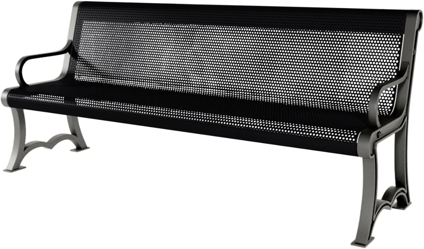 Coated Outdoor Furniture Heavy-Duty Outdoor Bench Thermoplastic Coated, Punched Steel, Commercial-Grade Garden Bench, Made in America (Portable with Back, 6 Ft, Black)