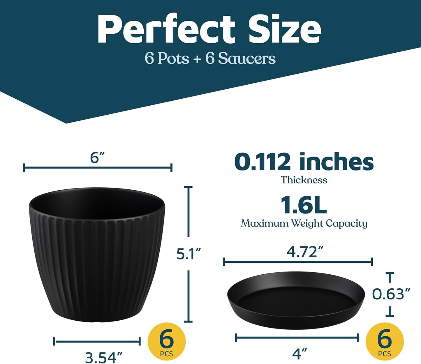 Black 6-Inch Plant Pots with Drainage & Saucers 6 Pack, Indoor & Outdoor Planters for Houseplants, Herbs, and Flowers, Durable & Weatherproof Material, Stackable, Lightweight, Minimalist Design
