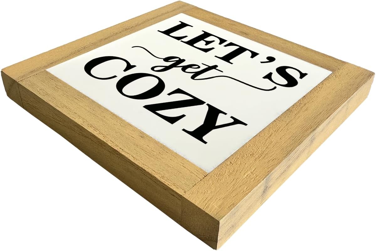 Inspirational Wood Signs, Box Wood Plaques Desk Décor, Farmhouse Home Decor Sign for Shelf, Family Table Decor for Kitchen Bedroom Dining Room, Living Room Decor, Housewarming Gift, Let's Get Cozy D