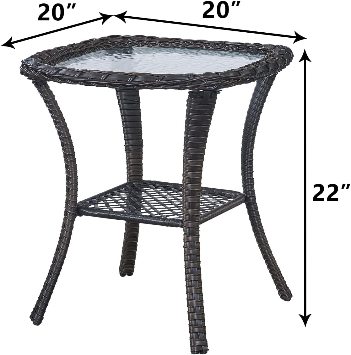 Patio Tables Wicker Side Table - Rattan End Table with Glass Top for Outdoor Outside Patio Porch Deck Square Brown