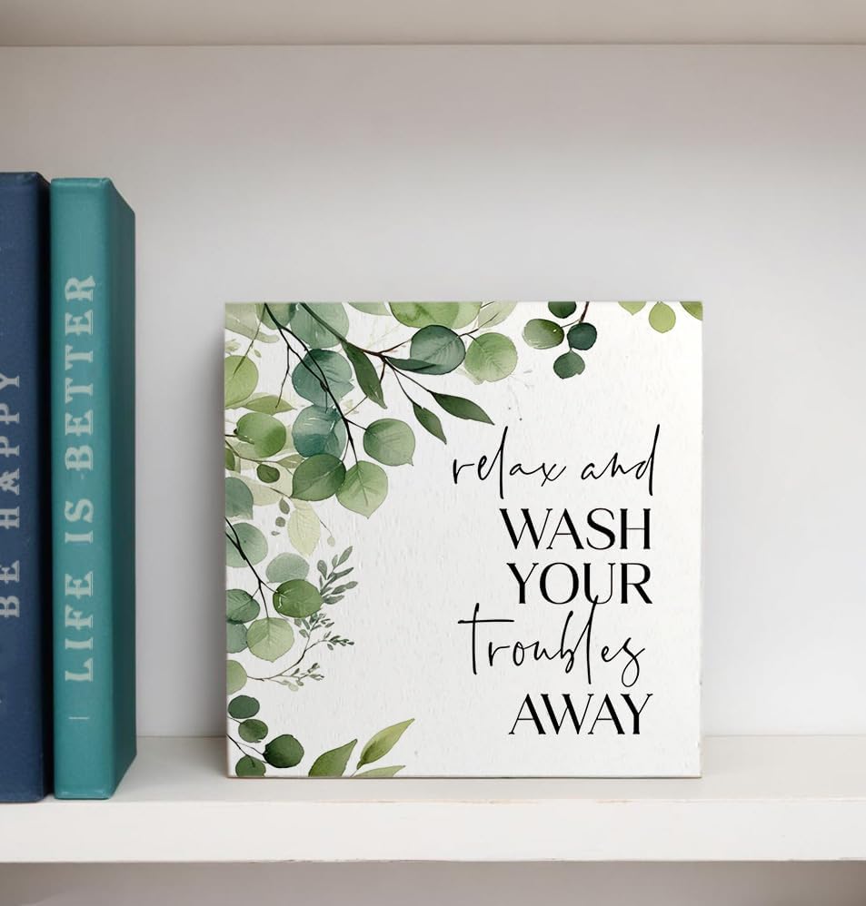 Funny Bathroom Signs, Wash Your Troubles Away Funny Bathroom Wooden Box Sign, Eucalyptus Botanical Wood Signs Plaque for Restroom Washroom Toilet Counter Shelf Table Decor, 5x5 Inch