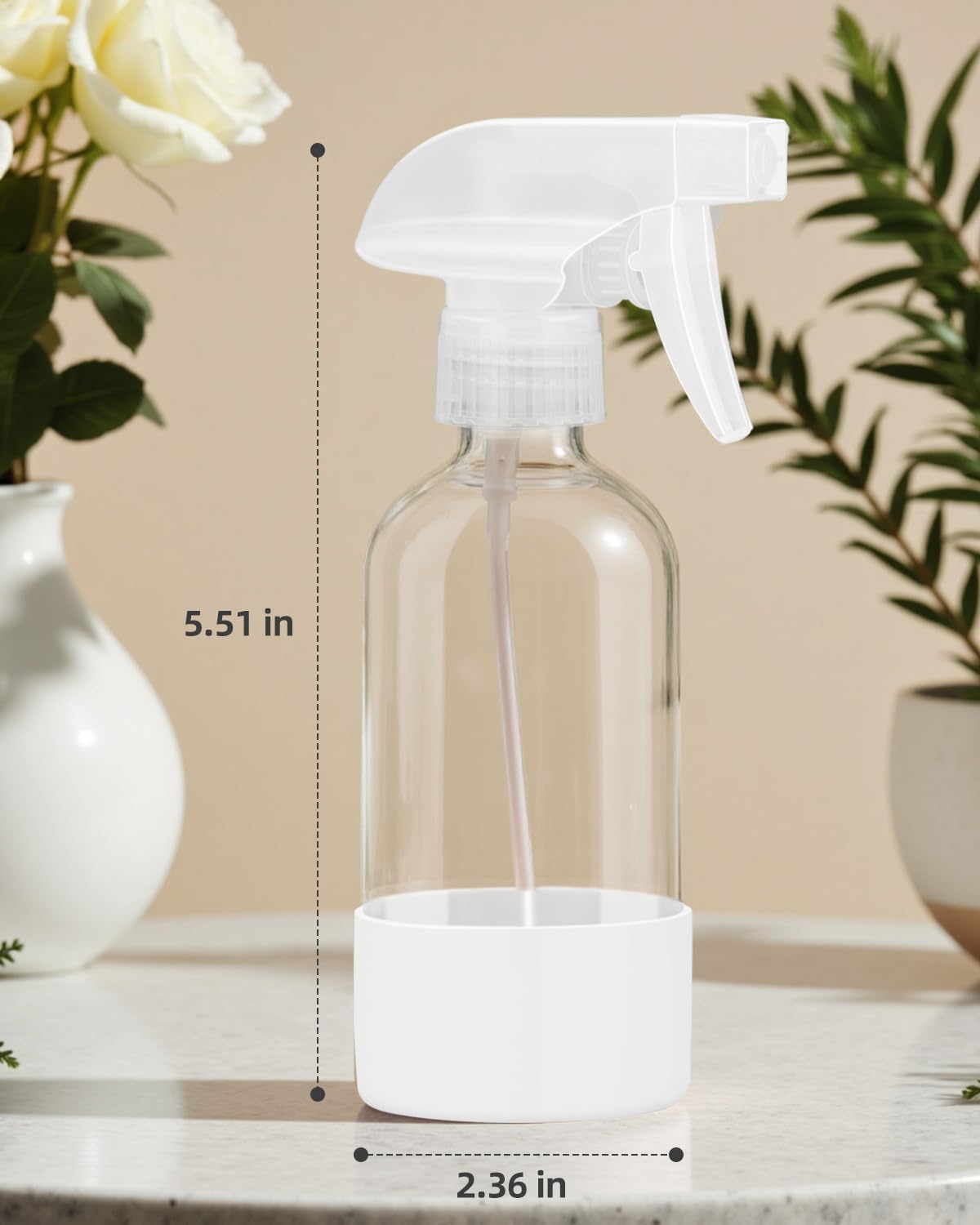 2 Pack Glass Spray Bottles 8 oz, Empty Refillable Containers with Silicone Sleeve Protection, Glass Spray Bottles for Cleaning Solutions, Hair and Plants with Adjustable Nozzles White