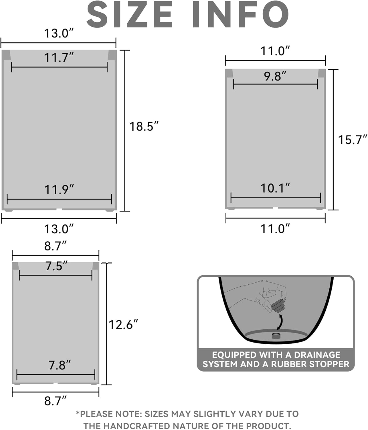 Kante 18.5",15.7",12.6" H Tall Rectangular Concrete Planters Set of 3, Outdoor Indoor Lightweight Plant Pots with Drainage Hole and Rubber Plug, Modern Style for Home Garden Patio, Slate Gray