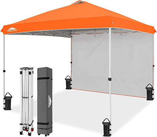 EAGLE PEAK Pop Up Canopy Tent with 1 Sidewall, Easy Setup Event Tent, Outdoor Sun Shade, Wheeled Carry Bag, Stakes and Guy Ropes, Instant Canopy 10x10, Orange