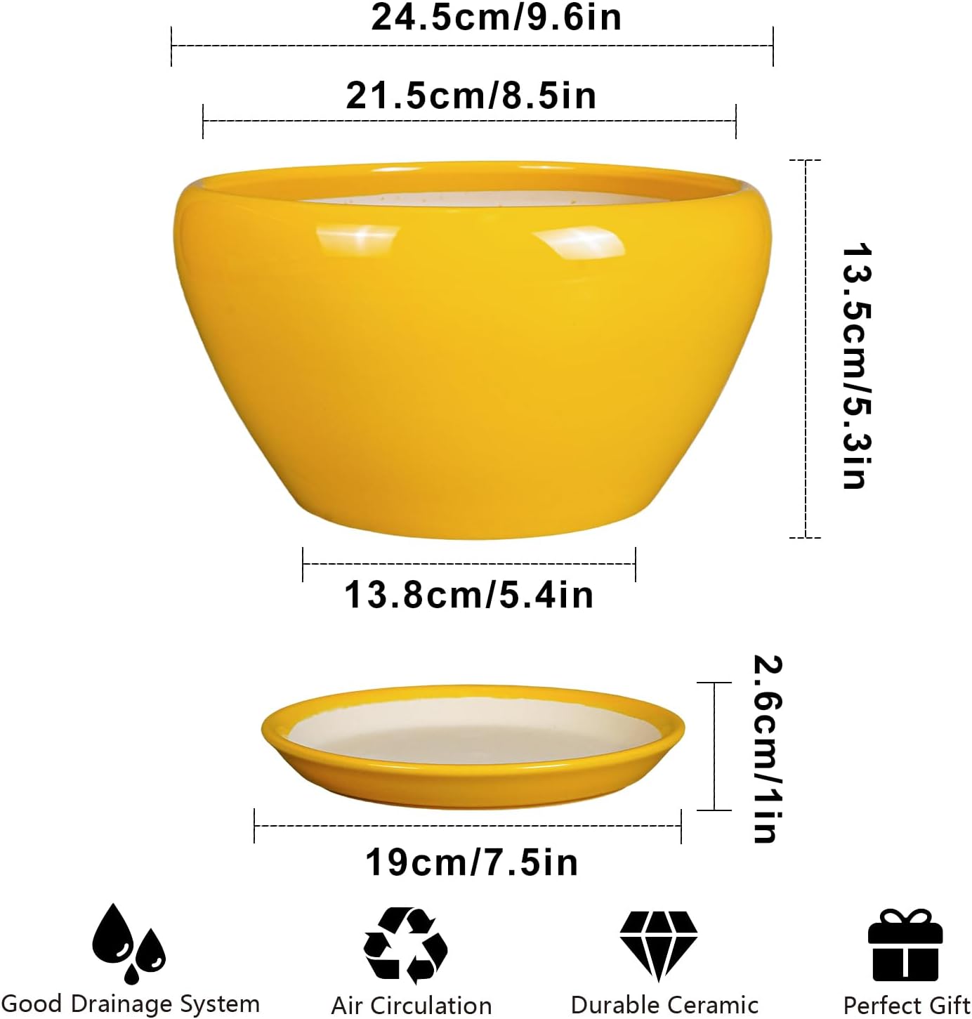 Ceramic Planter 9 Inch - Mid-Century Round Modern Plant Pot Indoor with Drainage Hole and Saucer for Outdoor Plants, Balcony House Garden Patio Home Decor, Yellow