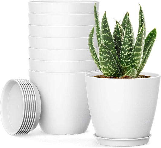 8 Pack 4 Inch Plant Pots with Drainage Holes and Saucers, Pots for Plant Indoor, Plastic Planters for Succulents and Small Plants, White