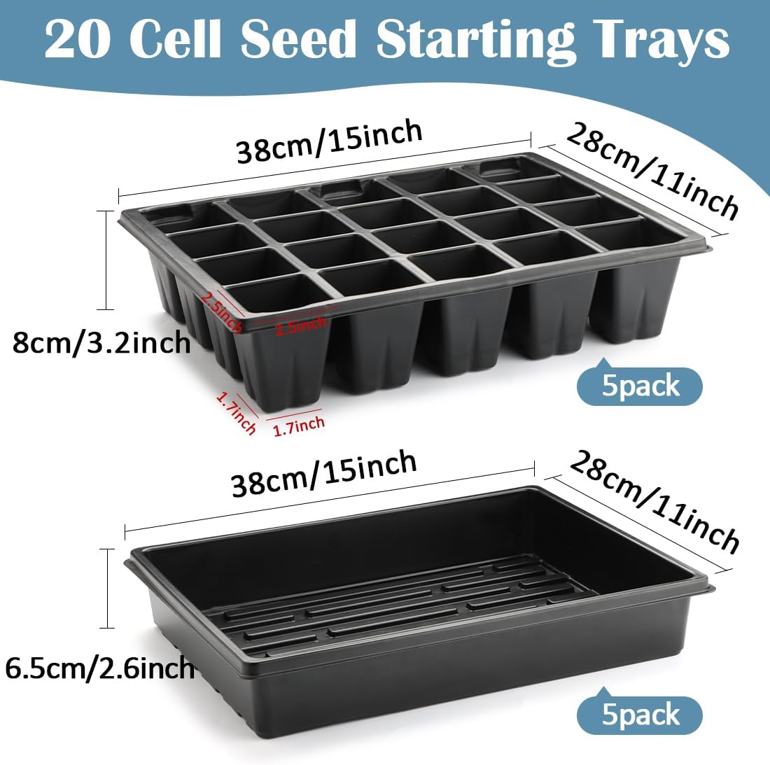 2.5 inch Square Pots 3.5 inch Deep 20 Cell Seedling Trays with Water Collection Nursery Trays (15"x11"x3") for Seeds Starting and Transplanting(5 Sets)