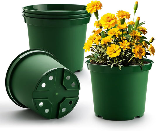 5 Gallon 12 Inch Plastic Nursery Pots, Plant Containers with Drainage Holes, Round Sturdy Garden Planters for Indoor/Outdoor Greenery, Gardening Gifts for Women (5-Pack, Green)