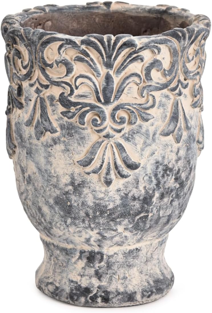 Sungmor 6.3 Inch Cement Plant Pot for Plants, Succulent Planter with Embossed Design, Vintage Concrete Flowerpots with Drainage Hole, Decorative Orchid Houseplant Pot Indoor Outdoor Plant Container