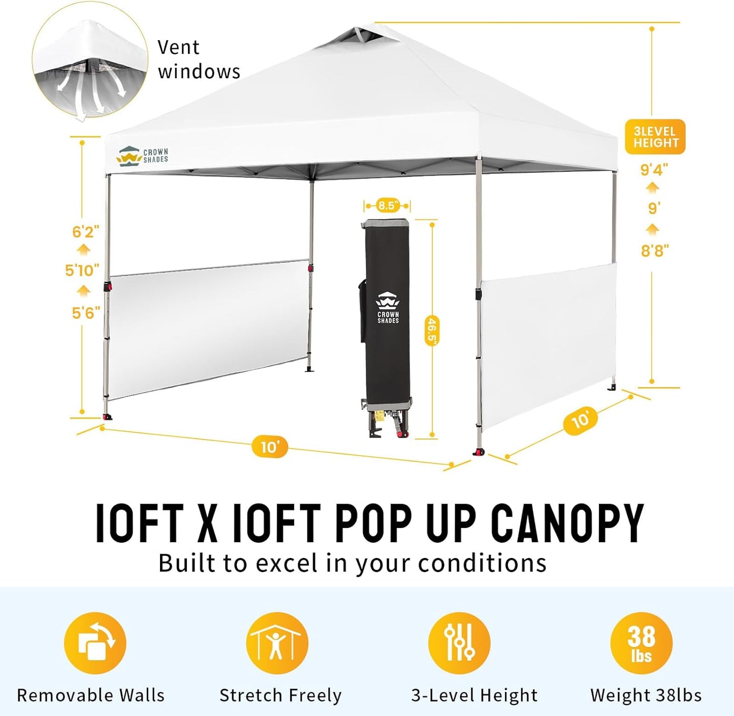 CROWN SHADES 10x10 Pop up Canopy Tent Instant Canopy with 150D Silver Coated Fabric Including 2 Half Sidewalls, 4 Ropes, 8 Stakes, 4 Weight Bags, STO 'N Go Bag, White