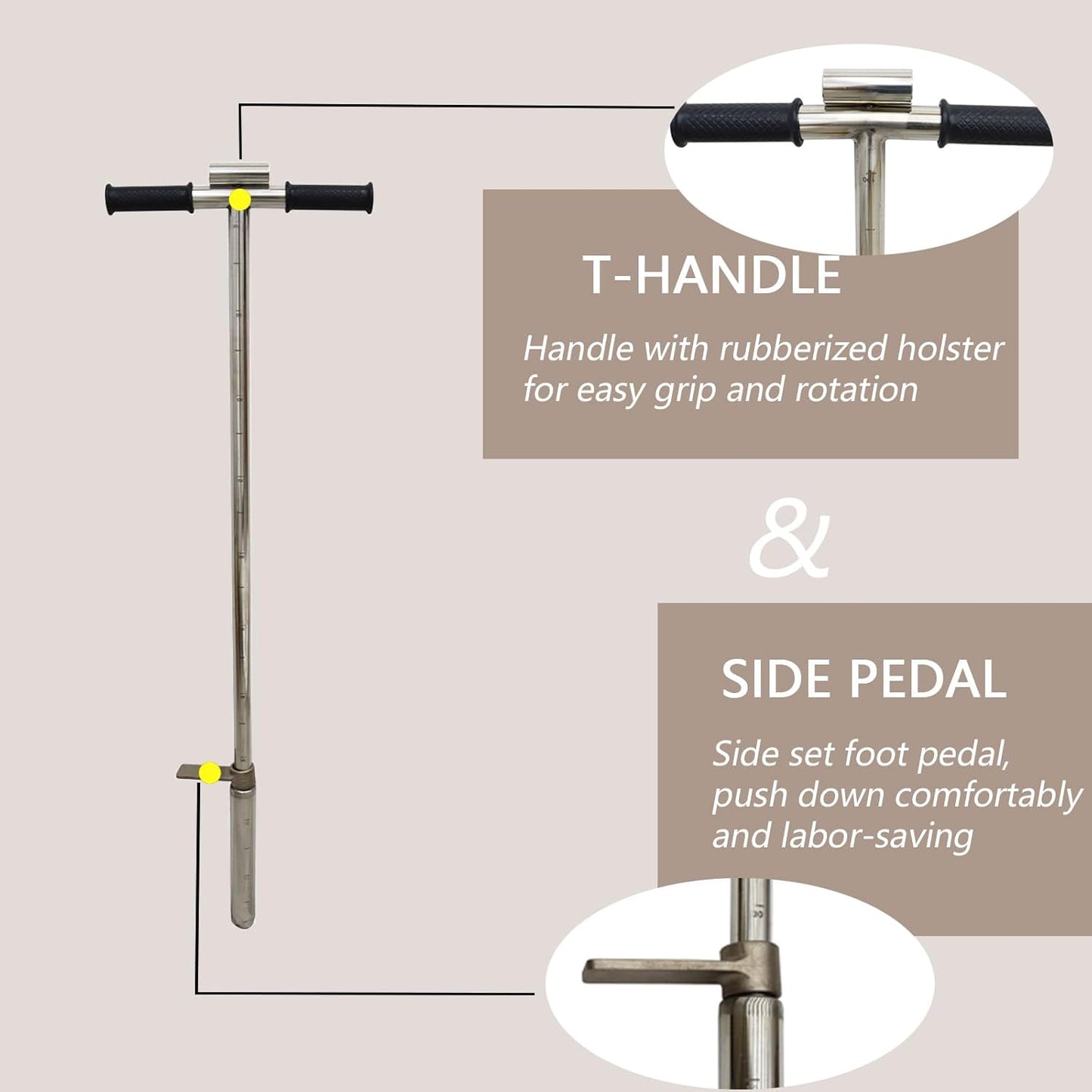 INTBUYING 40’’ Soil Sampler Probe Soil Test Probe with 8’’Sample Ejector and Foot Pedal T Rubber Handle Stainless Steel 1.5inch Dia for Soil Sampling Lawn Garden Farm