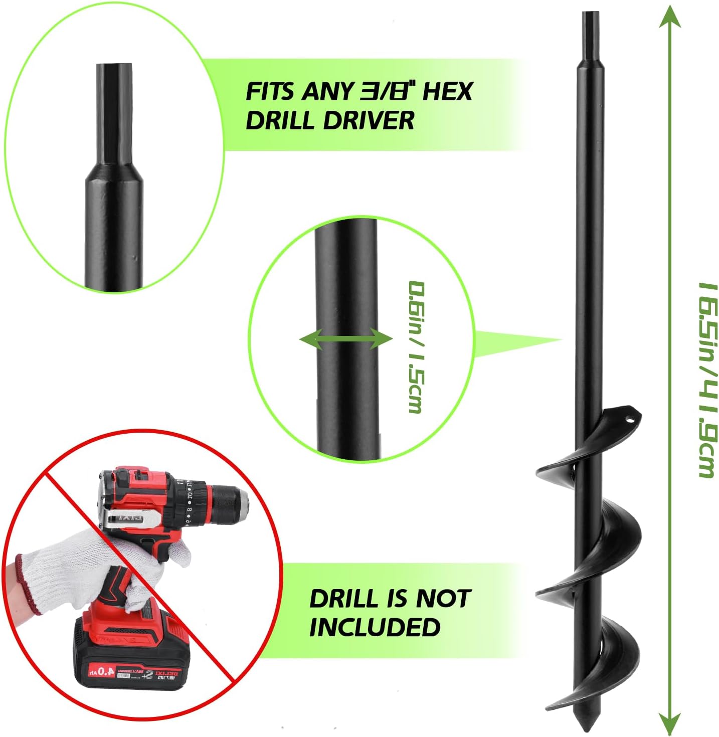 ERYTLLY Auger Drill Bit for Planting 2.5 x16.5inch,Garden Auger Spiral Bulb Planter Tool for Umbrella Holes Post Hole Digger - Compatible with 3/8 inch Hex-Shank Drill