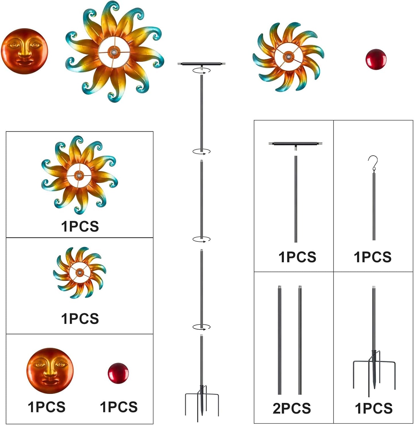 60 Inch Metal Large Wind Spinner with Garden Stake，360 Metal Swivel Outdoor Wind Sculpture,Sun Metal Windmill Decorations Gifts for Women Grandma Birthday Mothers Day