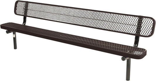 Coated Outdoor Furniture Heavy-Duty Outdoor Bench Thermoplastic Coated, Expanded Metal, Commercial-Grade Seating, Made in America (Inground with Back, 8 Ft, Brown)