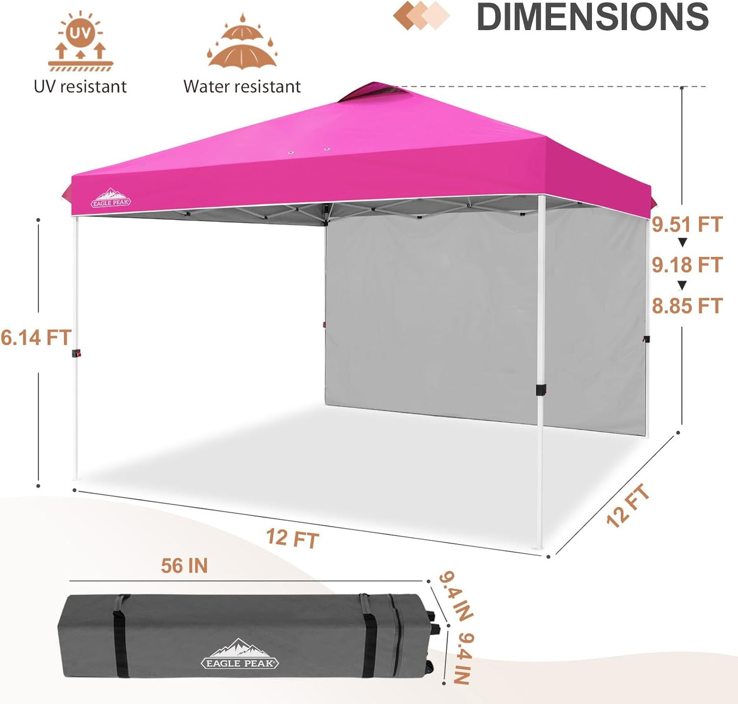 EAGLE PEAK Pop Up Canopy Tent with 1 Sidewall, Easy Setup Event Tent, Outdoor Sun Shade, Wheeled Carry Bag, Stakes and Guy Ropes, Instant Canopy 12x12, Pink