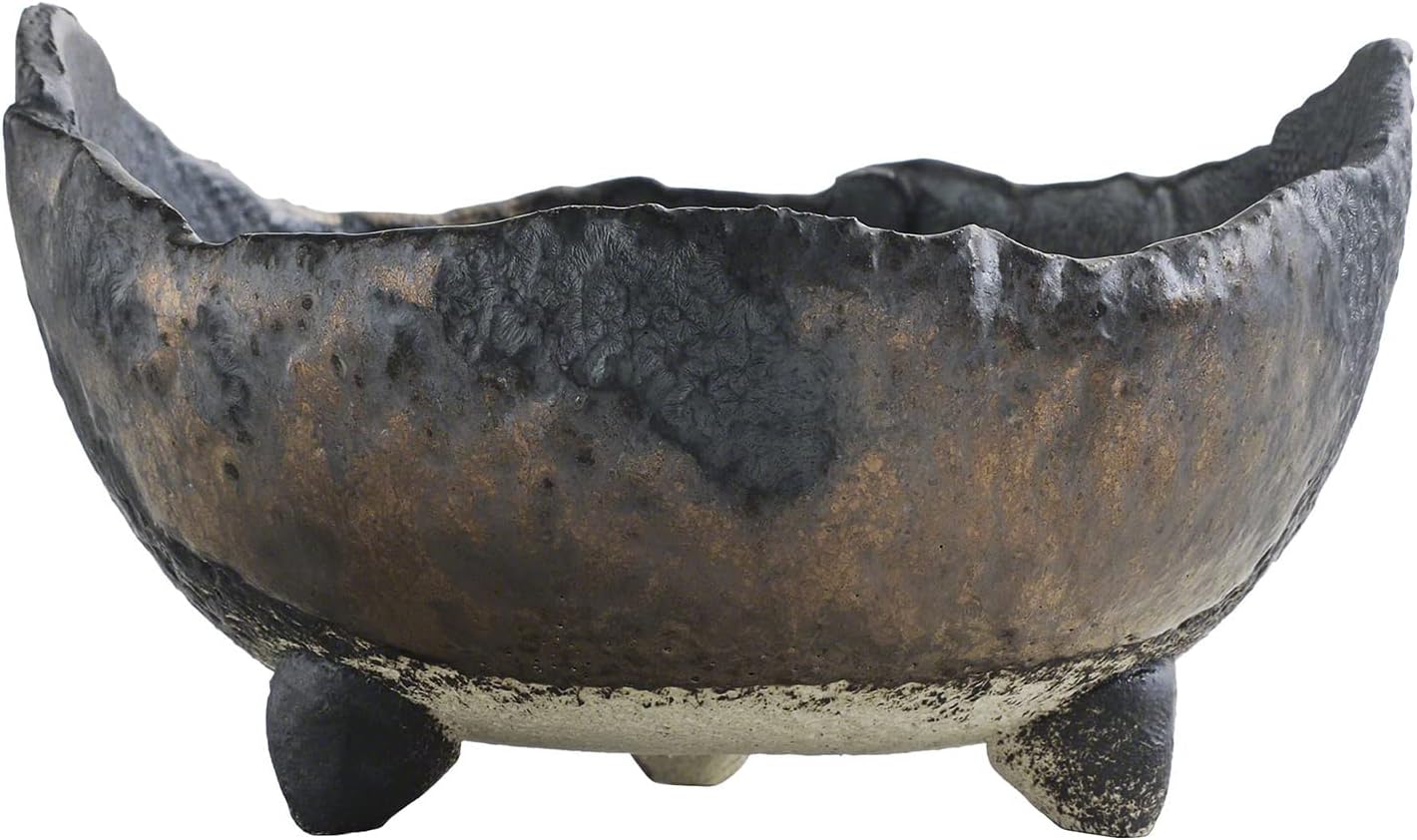 Wazakura Banko Series Japanese Handmade Rustic Crescent Shape Bonsai Pot 4.72 in (120 mm), Made in Japan Ceramic Garden Planter, Unglazed Houseplant Bowl - Black and Brown