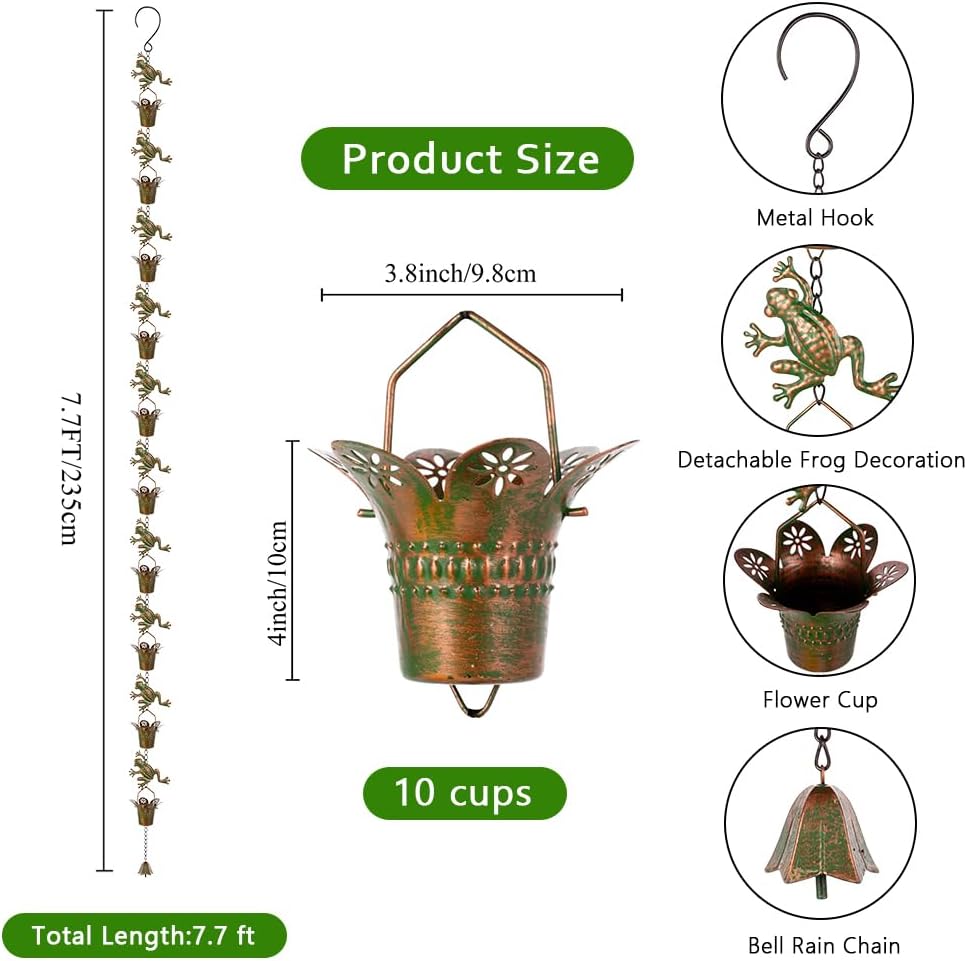 7.7FT Rain Chain for Outside, Rain Chain with 10 Frog Cups Adjustable Rain Chains for Gutters, Eaves, Drainage, Replacement for Downpout